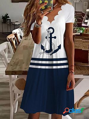 V Neck Short Sleeves Printed Casual Short Dress