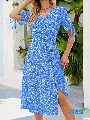 V Neck Short Sleeves Printed Slit Midi Dress