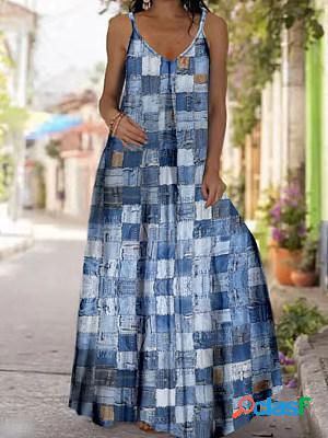 V Neck Sleeveless Printed Loose Holiday Maxi Dress