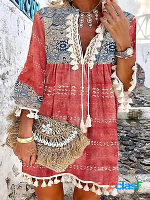 V Neck Tassel 3/4 Sleeves Printed Short Dress