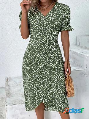 V-neck Casual Floral Print Short Sleeve Midi Dress