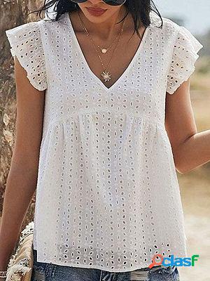 V-neck Casual Loose Embroidery Hollow Short-sleeved Blouse