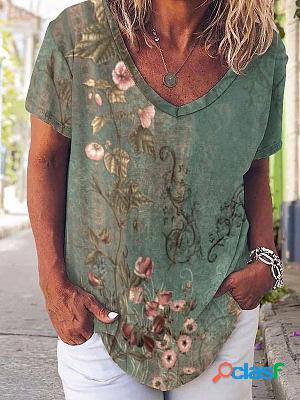 V-neck Casual Loose Floral Print Short Sleeve T-shirt