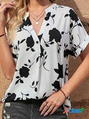 V-neck Casual Loose Floral Print Short-sleeved Blouse