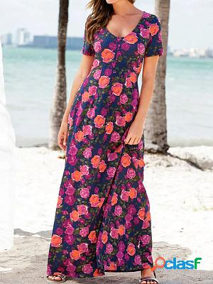V-neck Casual Loose Floral Print Vacation Short Sleeve Maxi