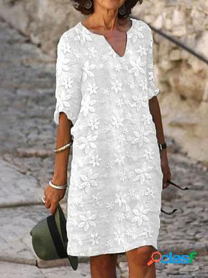 V-neck Casual Loose Lace Stitching Short-sleeved Short Dress