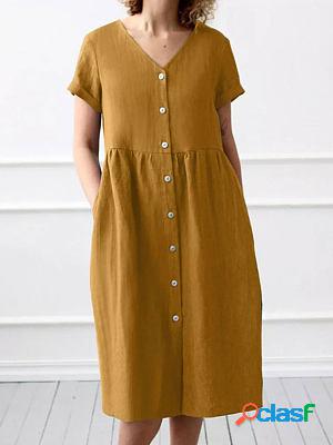 V-neck Casual Loose Solid Color Button Short Sleeve Midi