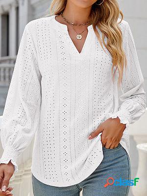 V-neck Casual Loose Solid Color Hollow Long-sleeved Blouse