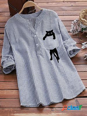 V-neck Cotton And Linen Striped And Cat Print Long Sleeve