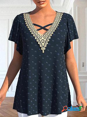 V-neck Lace Panel Short Sleeve Loose Fitting T-shirt