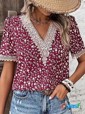 V-neck Lace Stitching Casual Loose Floral Print