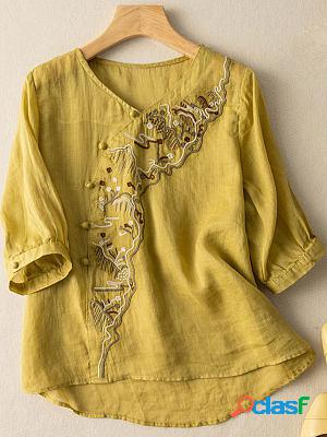 V-neck Loose Casual Embroidered Long-sleeved Blouse