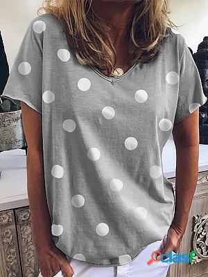 V-neck Loose Casual Polka Dot Print Short-sleeved T-shirt