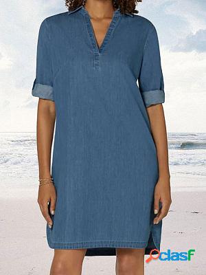 V-neck Loose Casual Solid Color Denim Short Dress