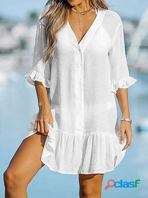 V-neck Ruffles Solid Color Beach Sunscreen Cover-up Shift