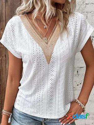 V-neck Stitching Casual Loose Lace Hollow Short-sleeved