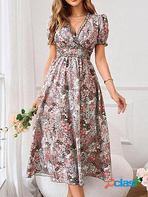 V-neck Waist Up Printed Short Sleeve Midi Dress