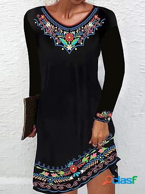 Vintage Ethnic Print Crew Neck Long Sleeve Short Dress