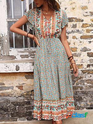 Vintage Print Green Maxi Dress