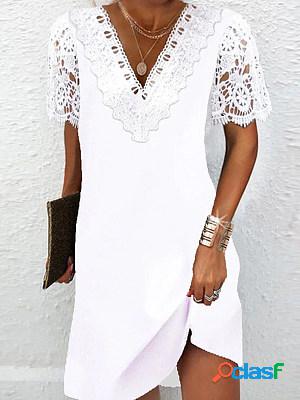 White Casual Lace Paneled V Neck Short Dress
