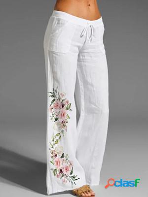 White Linen-blend Floral Printed High Waist Pants