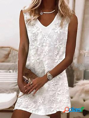 White Sleeveless V Neck Short Dress