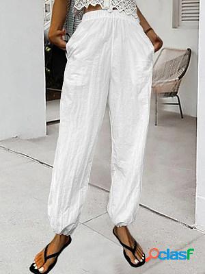 White Solid Linen Loose Pockets Pants