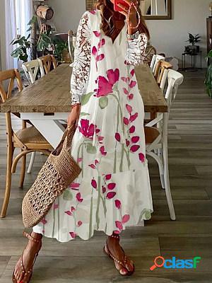 Women Casual Printed Lace Paneled Long Sleeves V Neck Maxi