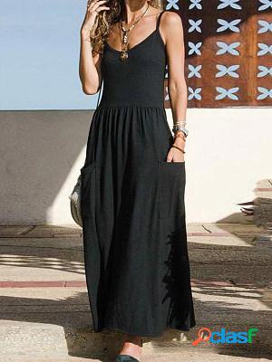 Women Casual Solid Pockets Maxi Dress