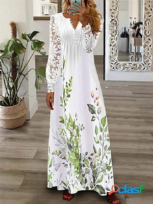 Women Lace Paneled V Neck Long Sleeves Printed Maxi Dress