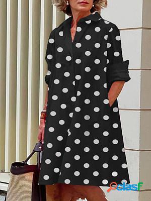 Women Polka Dot Print Long Sleeves Shirt Collar Short Dress