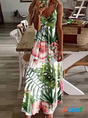 Women V Neck Casual Printed Maxi Dress