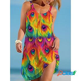 Womens Beach Dress Resort Wear Beach Wear Feather Print Mini