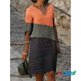 Womens Casual Dress Color Block Cotton Linen Dress Casual