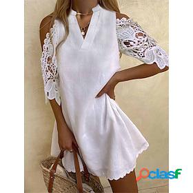 Womens Casual Dress Plain Lace Dress White Dress V Neck Lace