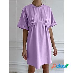 Womens Casual Dress Plain Plain Dress Crew Neck Ruched Midi