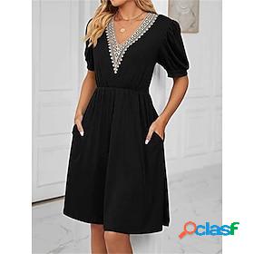 Womens Casual Dress Plain Plain Dress V Neck Pocket Midi