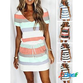 Womens Casual Dress Stripe T Shirt Dress Tee Dress V Neck