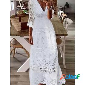 Womens Maxi long Dress A Line Dress White 3/4 Length Sleeve