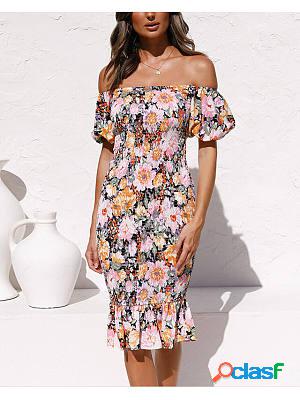 Womens One-shoulder Slim Ruffled Print Dress