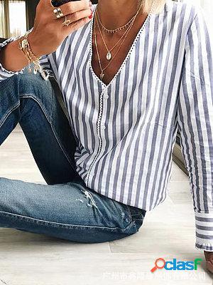 Womens Printed Stripe V-Neck Long Sleeves Blouses