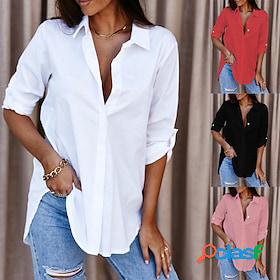 Womens Shirt Blouse Black White Pink Button Solid Color