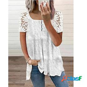Womens Shirt Blouse White Lace Button Plain Casual Short