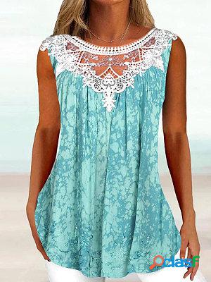 Womens Sleeveless Low Round Neck Printed Lace T-shirt