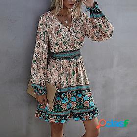 Womens Swing Dress Boho Dress Mini Dress Beige Floral Long