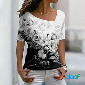 Womens T shirt Tee Black White Navy Blue Print Floral