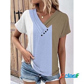 Womens T shirt Tee Blue Khaki Gray Button Print Color Block