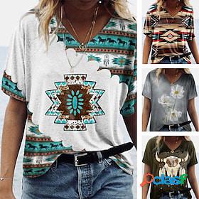 Womens T shirt Tee White Army Green Blue Geometric Cow Print