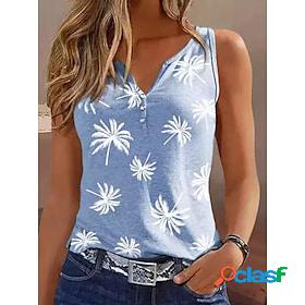 Womens Tank Top Blue Button Print Tree Casual Holiday