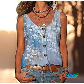 Womens Tank Top Blue Purple Green Button Print Floral